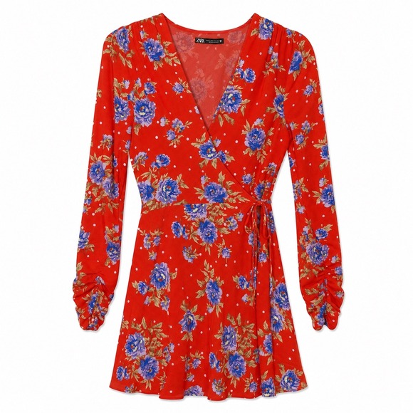 Zara Dresses & Skirts - Zara Floral Wrap Mini Dress NWT Small Red Long Sleeve V-Neck